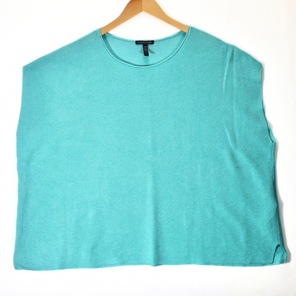 Eileen Fisher Sweater Vest 2X Turquoise Linen Cotton Knit Boxy Sleeveless Top